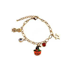 Halloween Pumpkin Spooky Skeleton Bat Crystal Stainless Steel Bracelet