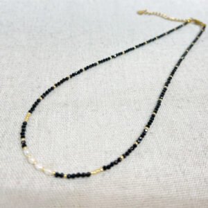 Pearl and Black Spinel Gemstone Beaded Stainless Steel Necklace