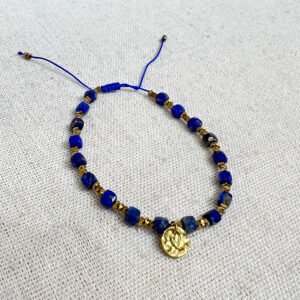 Hammered Pendant Semi Precious Gemstone Lapis Beaded Cord Bracelet