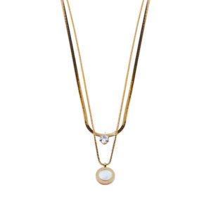 Mother of Pearl and CZ Pendant Layered Stainless Steel Necklace